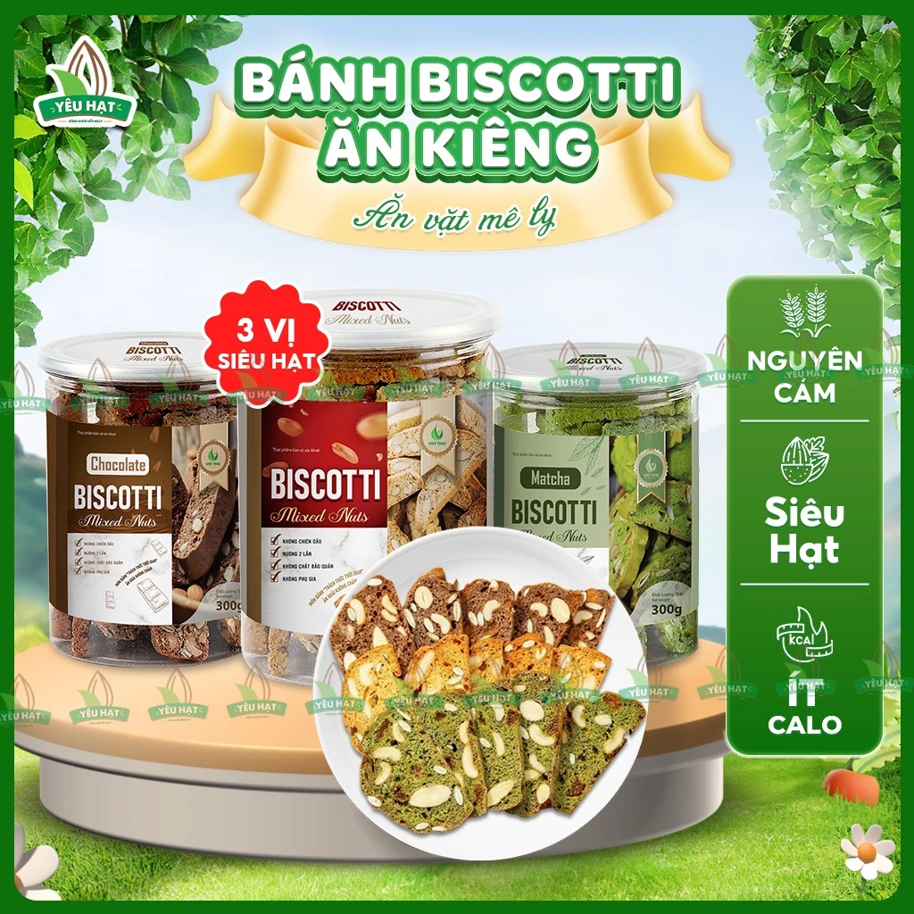 Bánh Biscotti Ăn Kiêng Healthy 100% Nguyên Cám Mix 3 Vị Siêu Hạt Ăn Sáng Giảm Cân Dinh Dưỡng Yêu Hạt