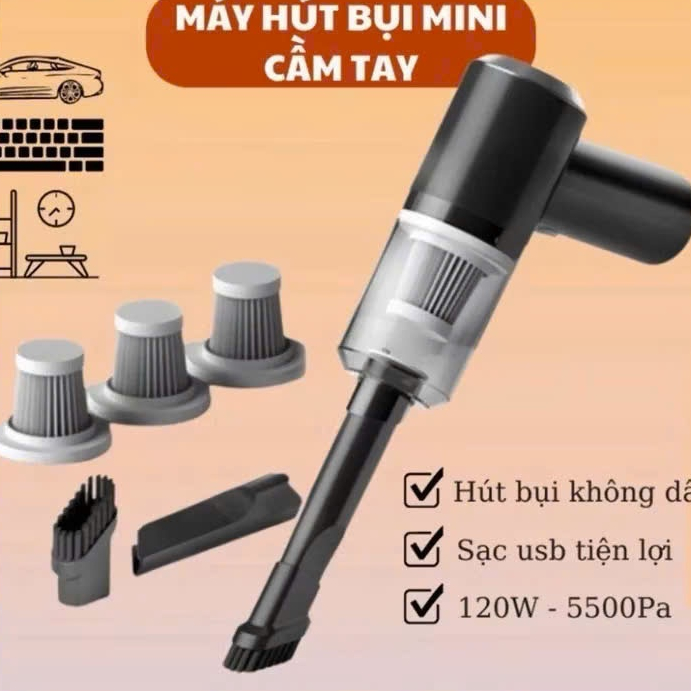 Máy hút bụi cầm tay mini lực hút siêu mạnh hút bụi ô tô giường đệm sạc USB