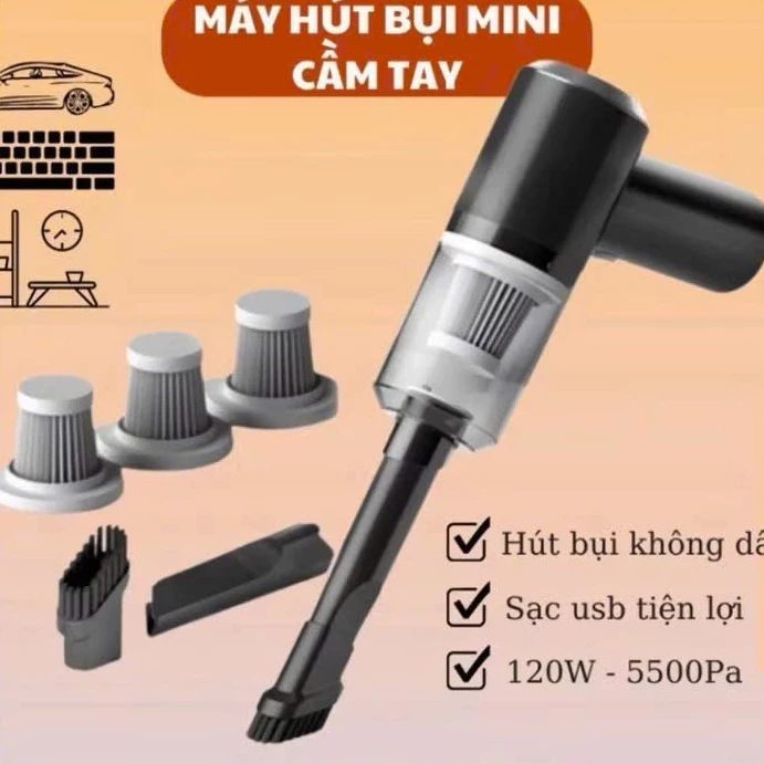 Máy hút bụi cầm tay mini lực hút siêu mạnh hút bụi ô tô giường đệm sạc USB