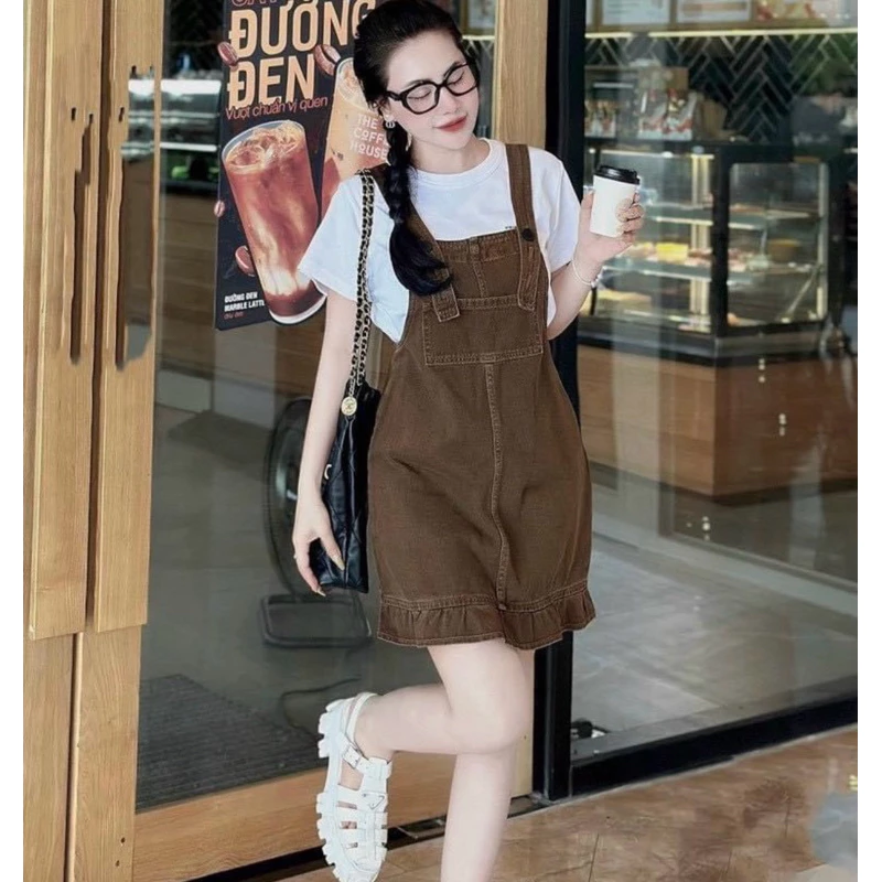 🌷Yếm váy jeans kaki đuôi bèo[dưới m60] nâu đậm jeans kaki xinh dễ thương KLii sẵn sll yếm nhóm, yếm đôi mẹ và bé