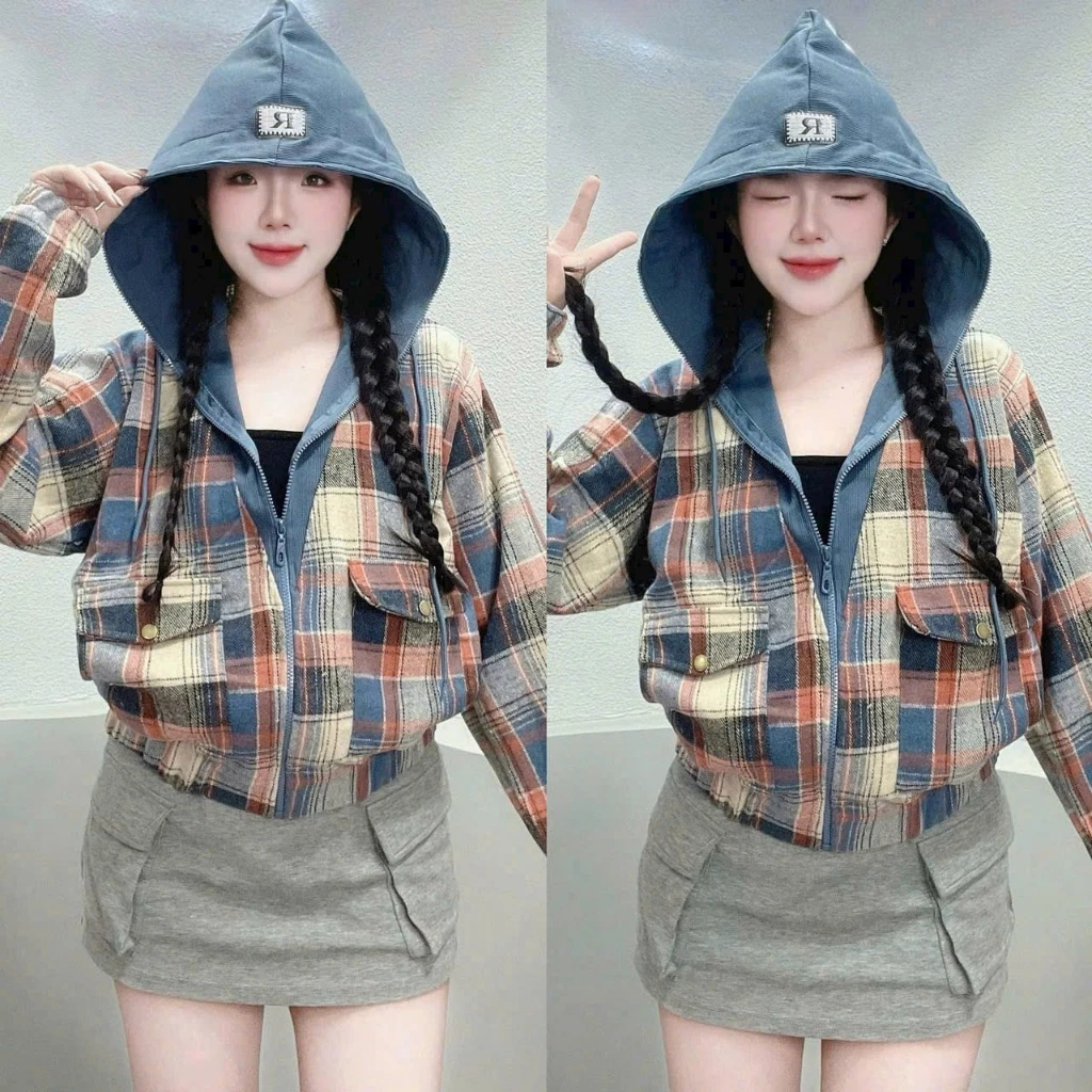 [new] Áo Khoác Nỉ Dây Kéo Phối TÚI HỘP Sọc CARO LOGO Thêu PHÙ HỢP THỜI TRANG