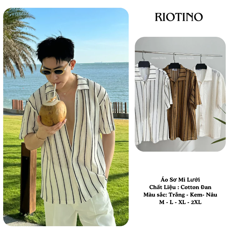 Áo Sơ Mi Lưới Đi Biển Nam Phong Cách Hàn Quốc, Dệt Lưới Thoáng Mát SM09
