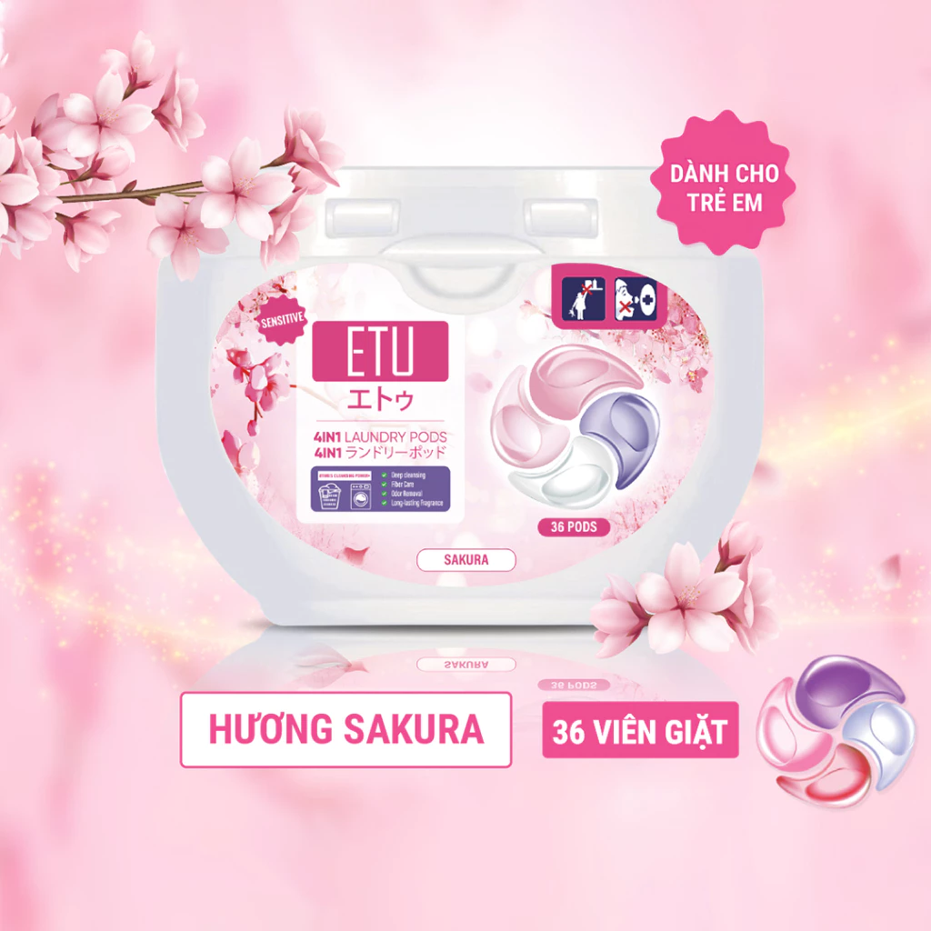 Viên Giặt ETU 4In1 Hương Sakura Hoa Anh Đào - Thơm Sạch Dịu Cho Trẻ Em/Da Nhạy Cảm, Mềm Vải