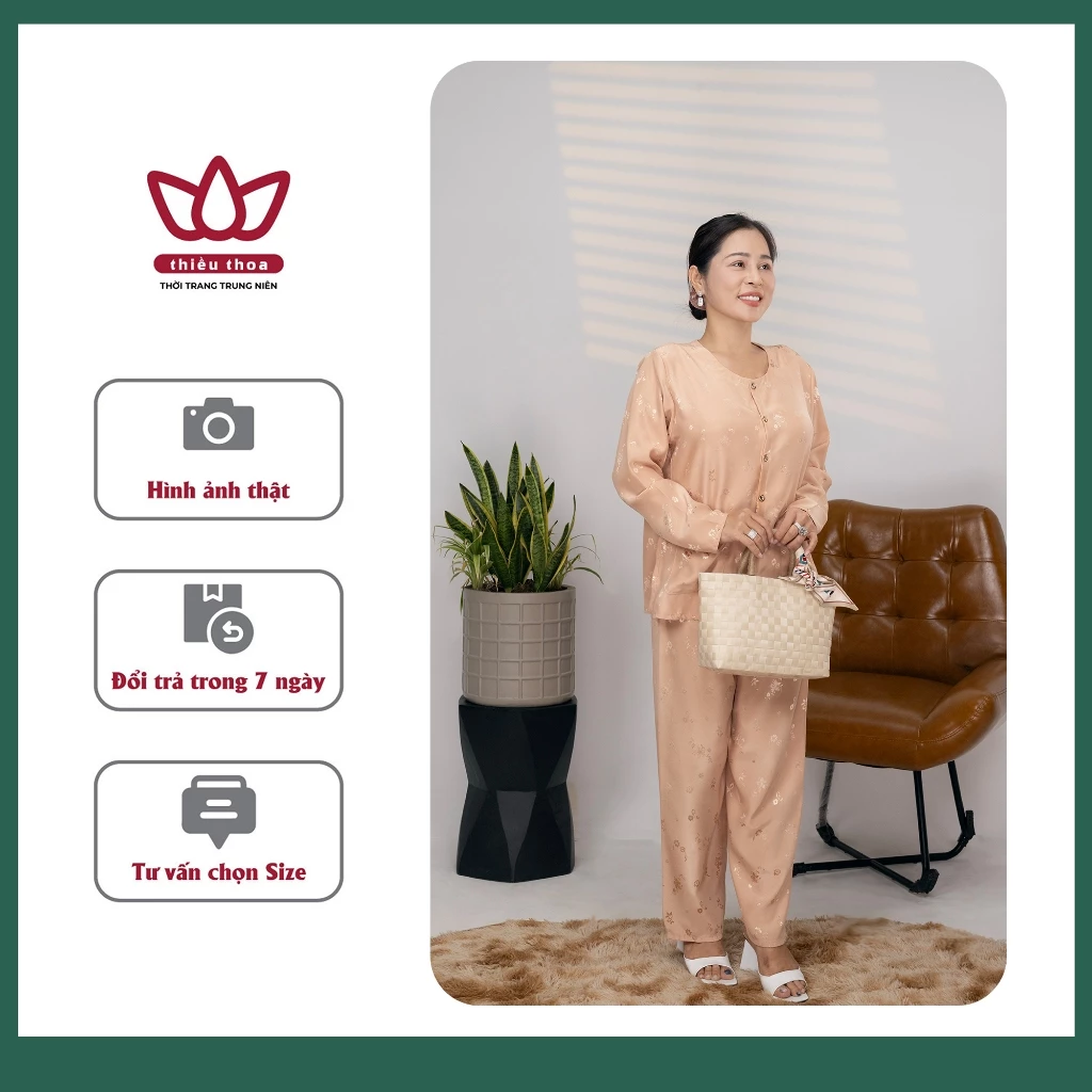 Đồ Bộ Mặc Nhà Nữ Trung Niên Gấm Lụa Hoa Thêu Nổi Tay Dài, Set Bộ Đồ Trung Niên - Thiều Thoa Store
