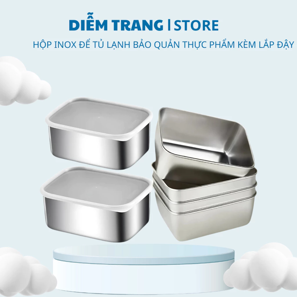 Hộp đựng thực phẩm tủ lạnh, set 5 hộp đựng bảo quản thực phẩm kèm nắp nhựa chất liệu inox 304 ( hàng loại 1 )