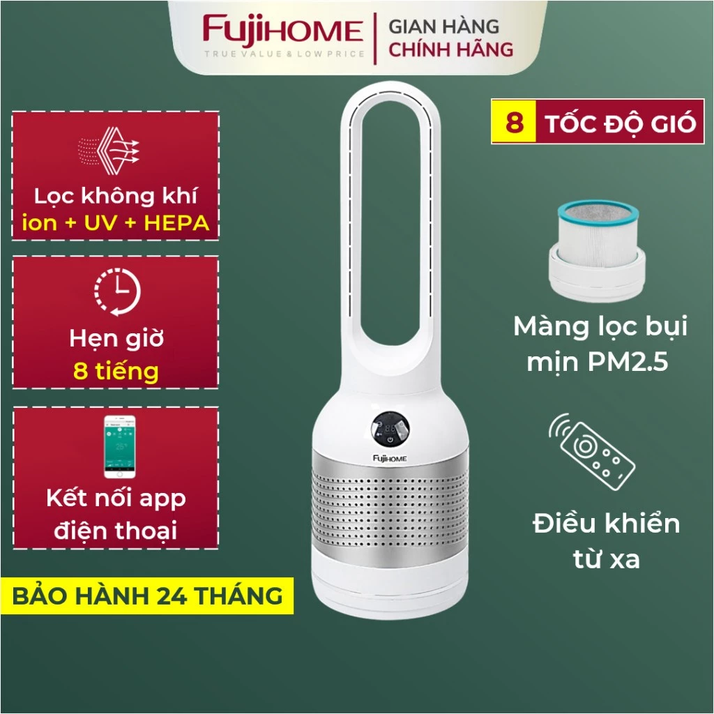 Quạt không cánh FUJIHOME BF22-HEPA lọc không khí bằng Anion Uv kết nối Wifi