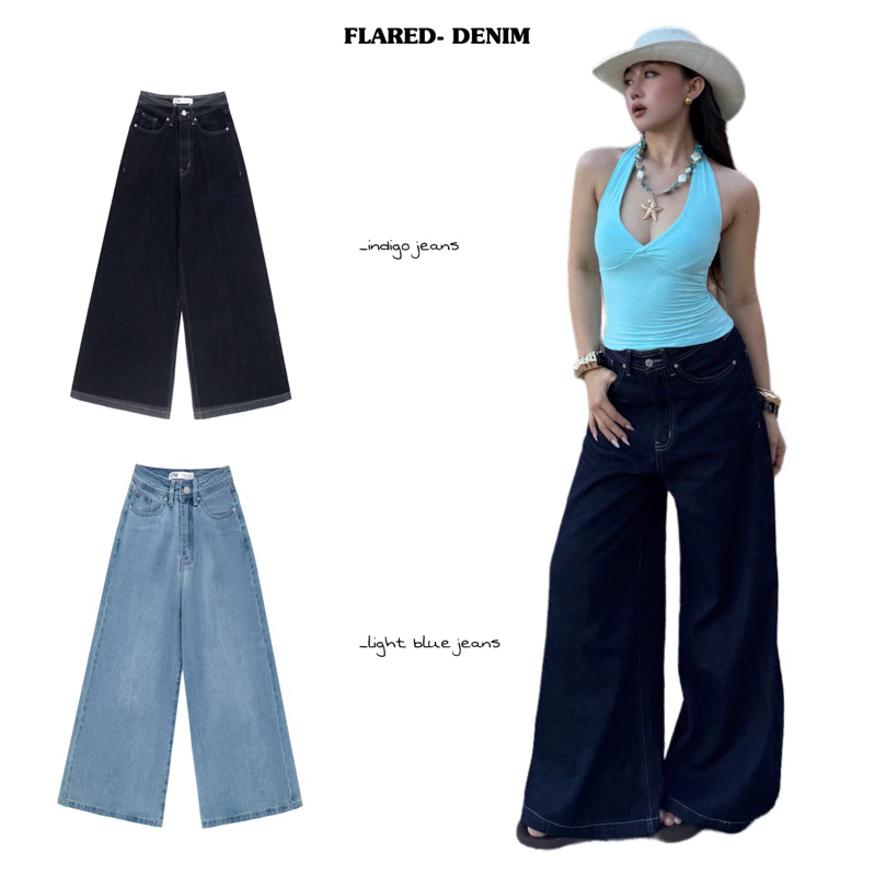 ( INDIGO JEANS) Quần jeans form ống rộng, basic chỉ nổi | BAHYCHIC
