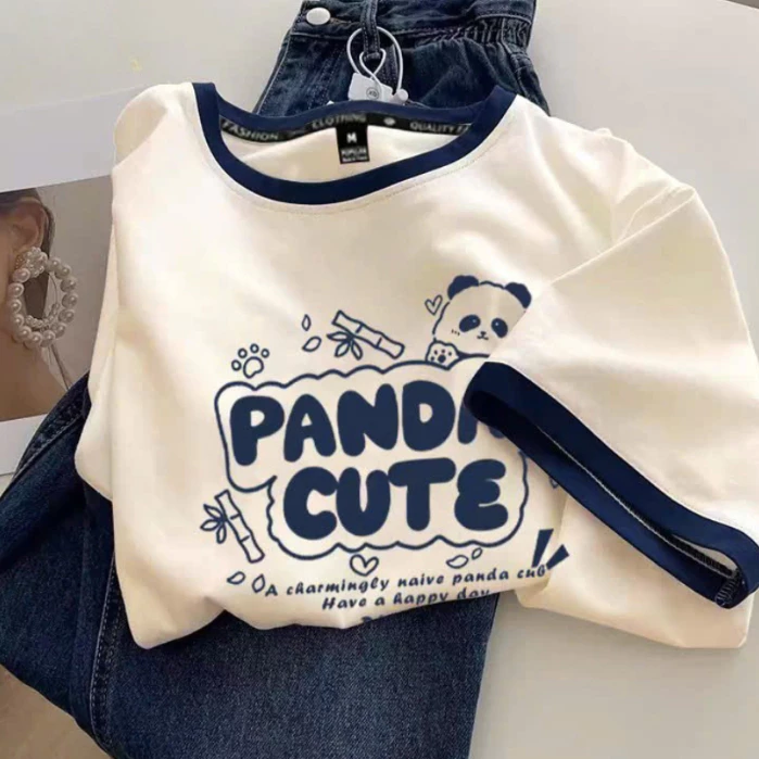 Áo thun nữ ngắn tay phối viền Menina, áo thun viền Xanh chất cotton in hình thời trang.