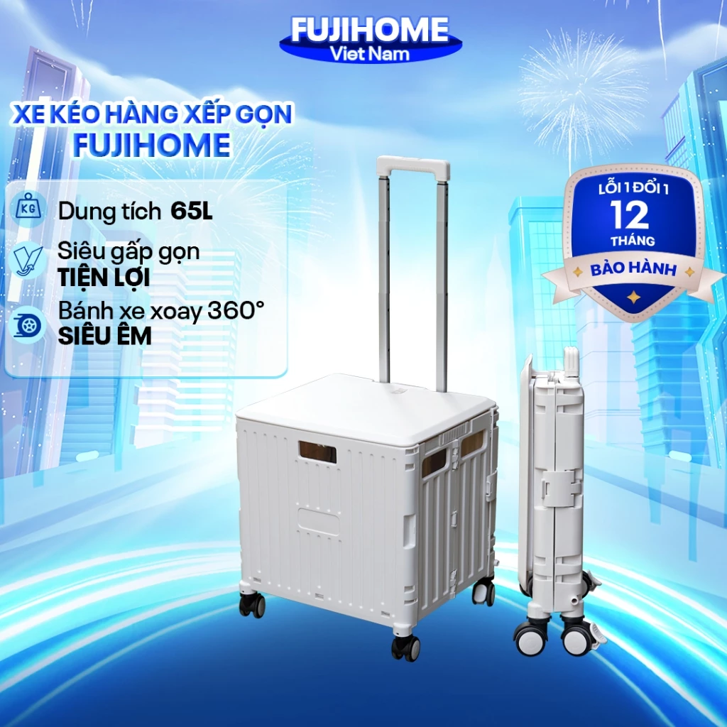 Xe kéo hàng gấp gọn 4 bánh Nhập Khẩu Fujihome, xe đẩy hàng hộp vali 65L xếp gọn đa năng đi chợ siêu thị picnic ô tô