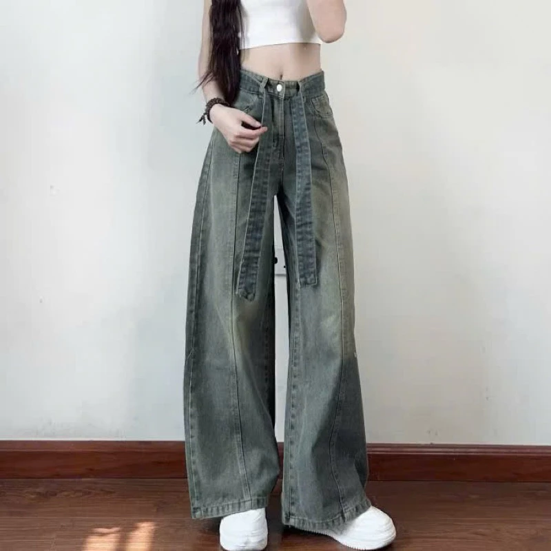 Quần bò suông mài đùi đai to cạp cao phom dáng chuẩn phong cách style
