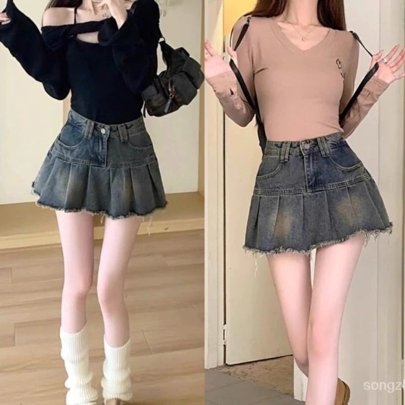Chân váy bò xếp li tua rua kèm quần trong lưng cao 2 màu tôn dáng