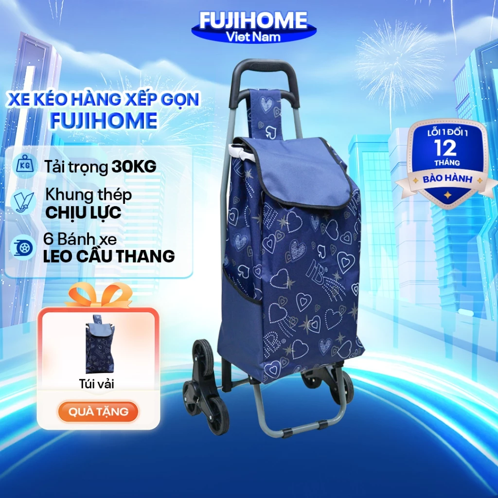 Xe kéo đi chợ leo cầu thang 6 bánh gấp gọn FUJIHOME nhập khẩu, xe đẩy 2 bánh xếp gọn siêu thị picnic tặng kèm túi