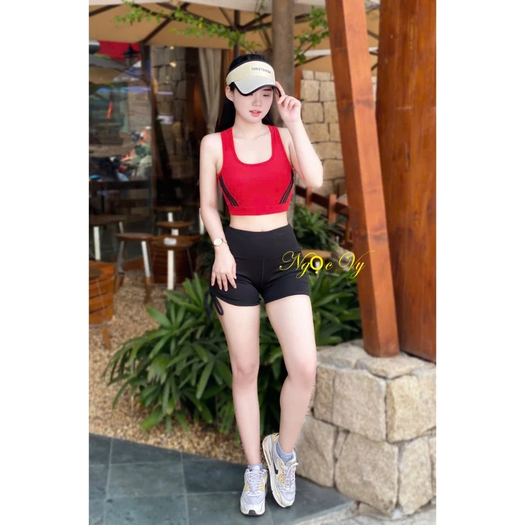 Bộ Quần rút dây Áo Phối Kẻ Tập Gym Yoga Nữ  Chạy Bộ Chơi Cầu Lông, Đi Bơi Vải Co Giãn 4 Chiều kèm mút