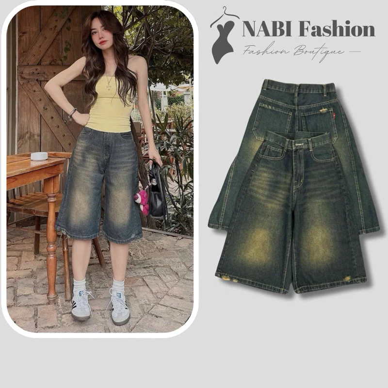 Quần Jeans Short Ngố Nữ from Ống Rộng Dáng Lửng Sọc Sườn , NABI Fashion Quần Bò Đùi Nữ Đến Đầu Gối Lưng Cao Size SMLXL