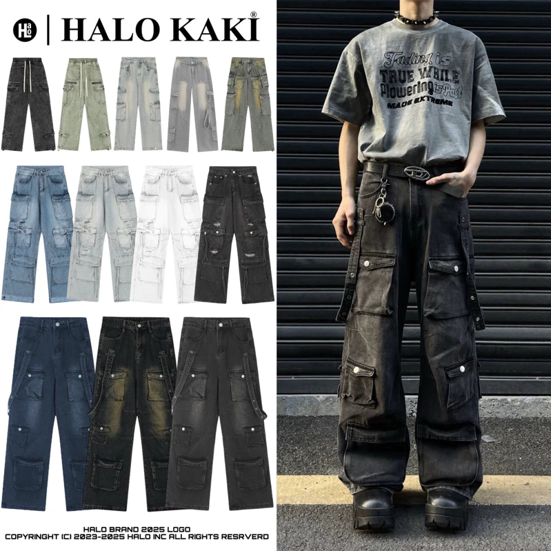 QUẦN JEANS BAGGY ỐNG RỘNG TÚI HỘP [VẢI CAO CẤP] STRAP BOX (8 Túi hộp phối đai ) HÀNG JEANS LOẠI 1 HALO KAKI