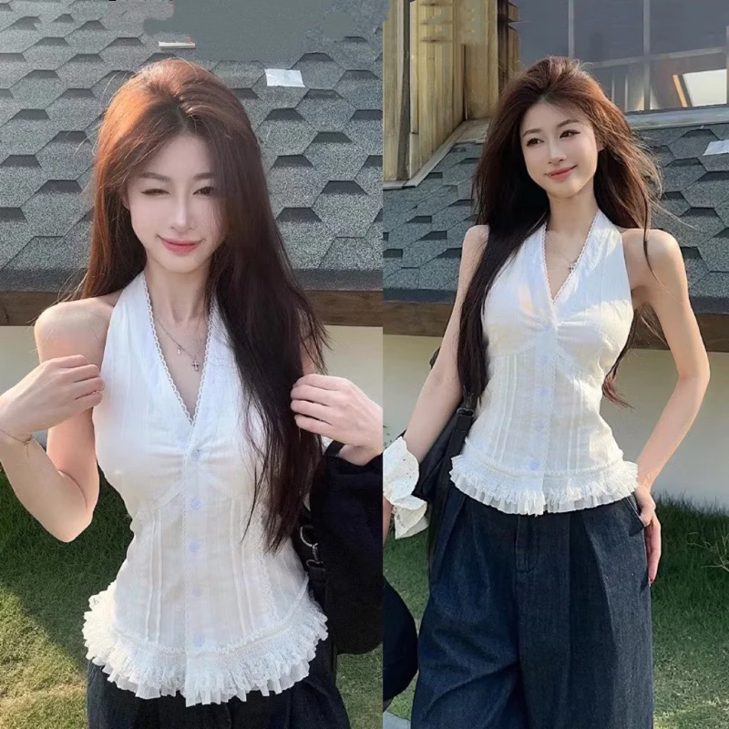 (HÀNG L1 SIZE S/M ) Áo Sơ Mi Cổ Yếm Xếp Viền Ren Áo Kiểu Nữ Xẻ Cổ V Phối Bèo Ulzzang Tiểu Thư Đi Chơi Biển Nhún Bèo TIBU
