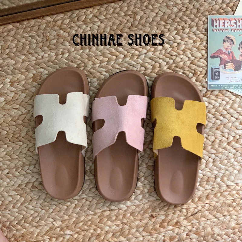 Dép lê quai ngang da lộn chữ H đế cao su đúc siêu mềm êm chống thấm nước tăng chiều cao 3cm cho nữ phong cách trẻ D040