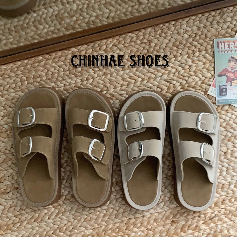 Dép lê quai ngang da lộn 2 khuy đế bằng tăng chiều cao 4cm siêu mềm êm ái màu vintage retro cho nữ phong cách trẻ D037