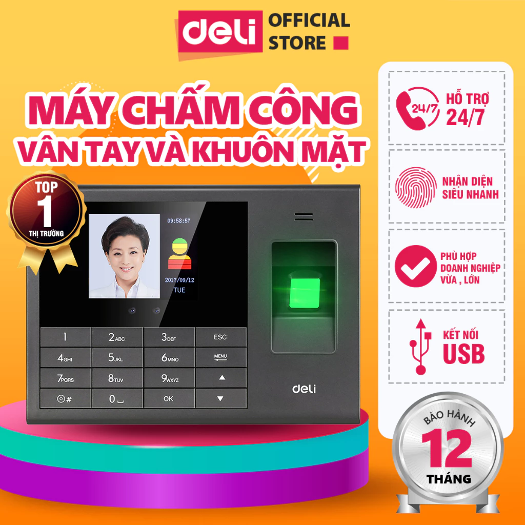 Máy Chấm Công DELI Nhận Diện Khuôn Mặt Kết Hợp Chấm Công Bằng Vân Tay Hỗ Trợ Tiếng Việt Báo Cáo Excel