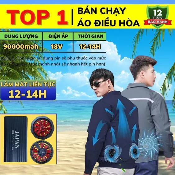 Áo điều hòa Nhật Bản kèm pin Japan 98000mAh – Quạt 9 cánh không chổi than, làm mát cực nhanh, bảo hành 18 tháng