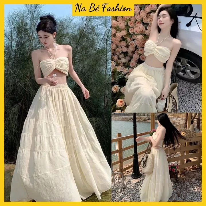 Set Váy Maxi Đi Biển Chất Tơ Nhăn Gồm Áo 2 Mảnh Cổ Yếm Mix Chân Váy Dáng Dài Cho Nàng Đi Biển
