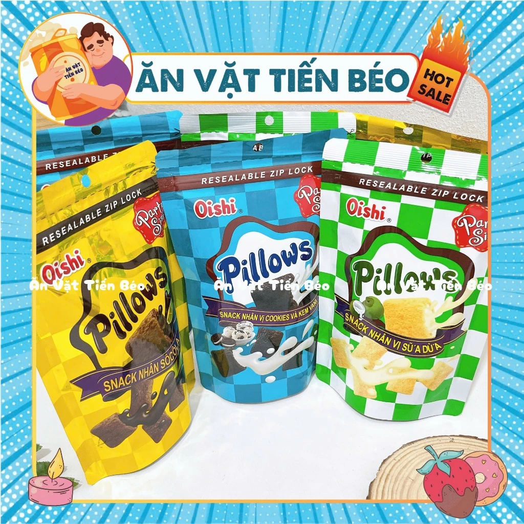 Snack Pillows Oishi Nhân Sữa Dừa - Socola - Kem Vani Gói 80G, Bánh Nhân Kem Oishi, đồ ăn vặt