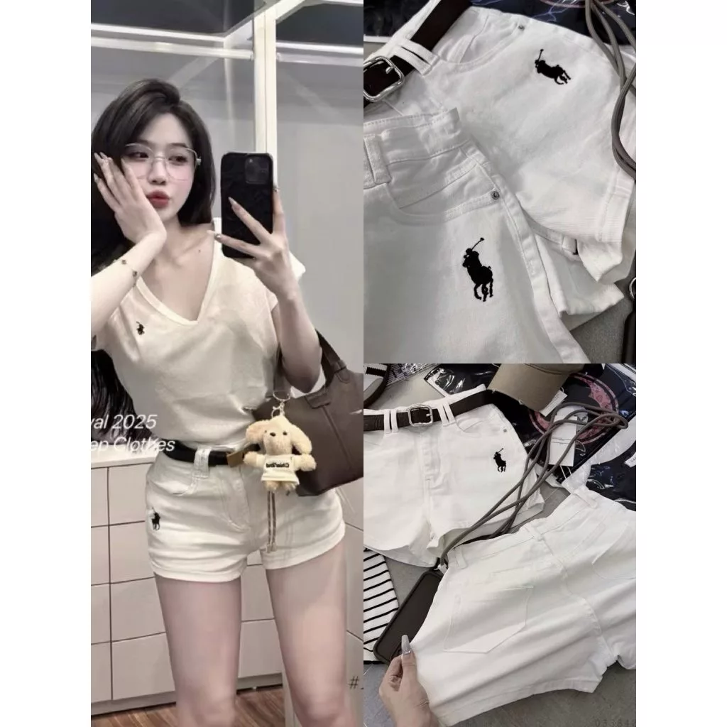 Quần Short Bò Jeans Nữ, Quần Short Denim Màu Trắng Co Giãn Thêu Ngựa Cạp Cao Siêu Hách Dáng Cực Đỉnh