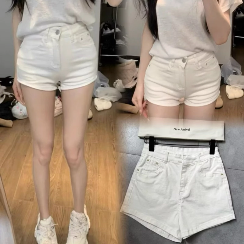Quần Short Nữ Lưng Cao Denim Co Giãn Basic Màu Trắng cho Nữ Cao Cấp Phong Cách Thời Trang Hàn Quốc
