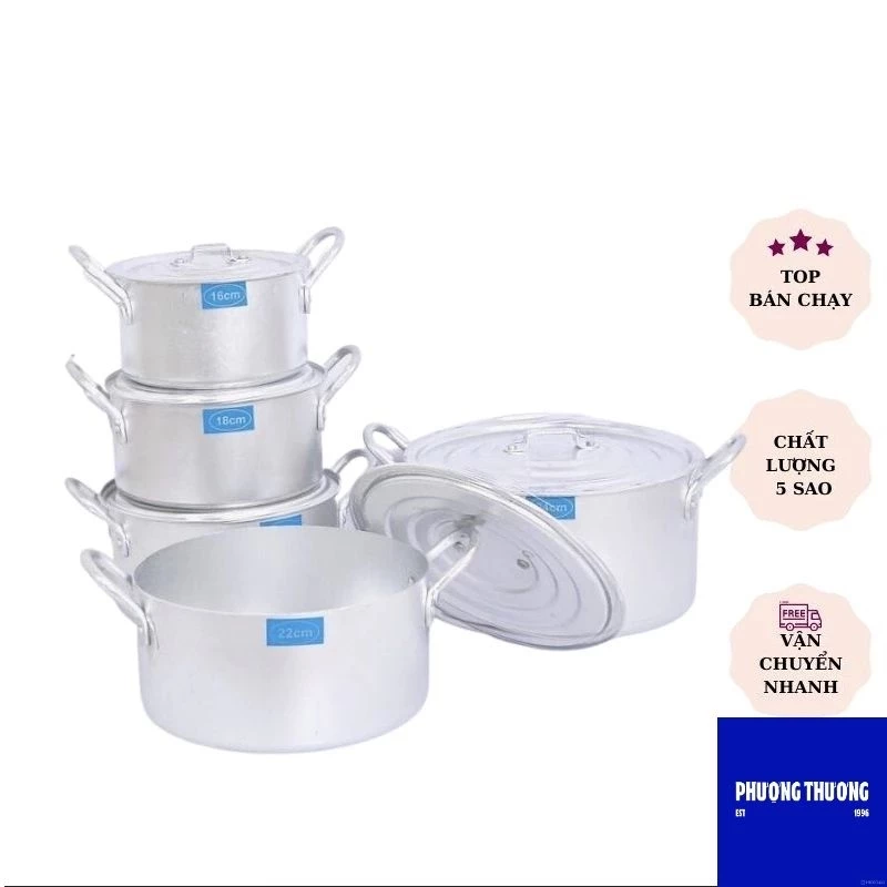 Bộ Nồi Nhôm Tem Xanh Dày Dặn, Đủ Kích Cỡ Từ 16cm Đến 30cm - Nhôm Hải Phòng