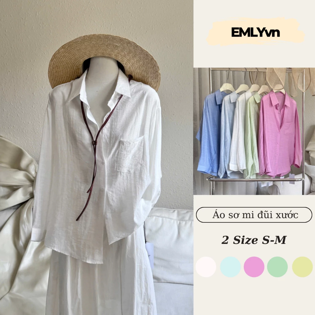 EMLY - Áo Sơ Mi Kiểu Nữ Vải Đũi Xước Mềm Mịn Ít Nhăn Fom Rộng, Áo Sơ Mi Đũi Nữ Màu Pastel Hàn Quốc