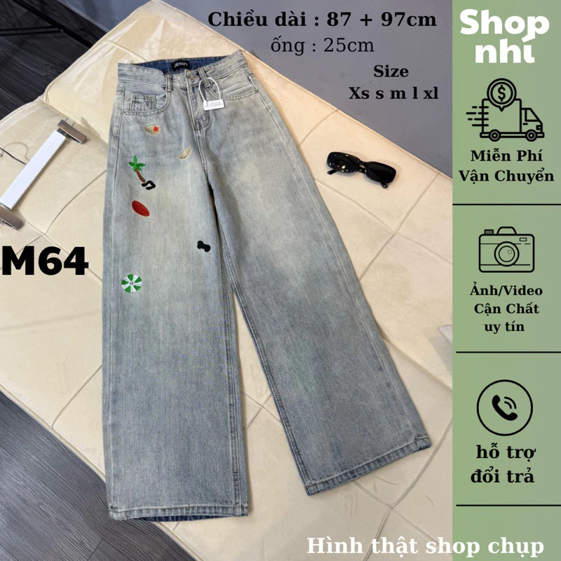 Quần jean nữ ống suông rộng QC thêu nấm dài 87cm + 97cm size SML Shop Nhí ( 7227 ) dừa ( S01 - Quần suông nấm )