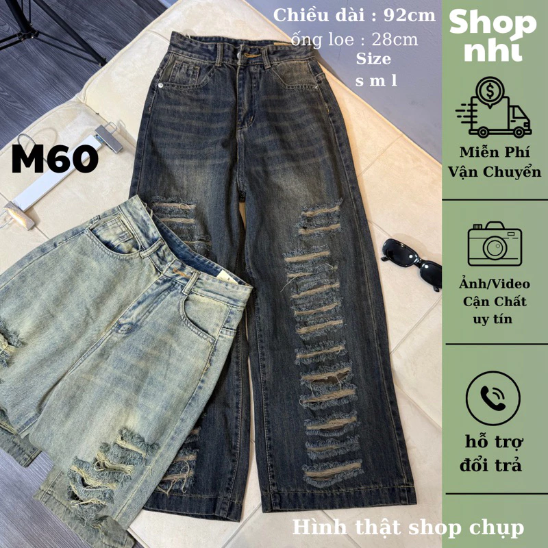 (92cm) Quần Jean Nữ Ong Suông Rách Bụi ,  Đủ Size S/M/L Shop Nhí ( S01 - Quần suông nấm ) 7167