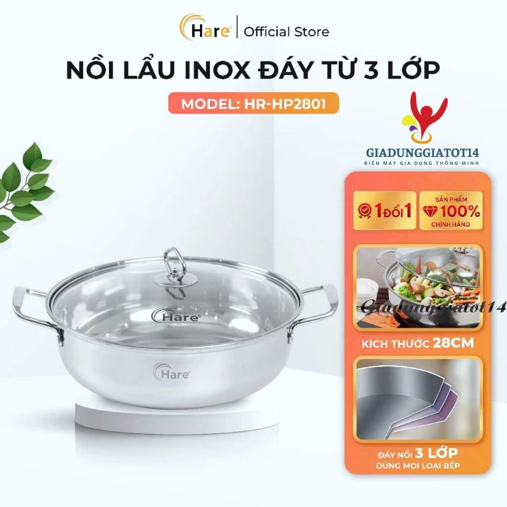 Nồi lẩu inox đáy từ 3 lớp Hare HR-HP2801 (28cm) | Dùng bếp từ, Gas | Bảo hành 1 đổi 1