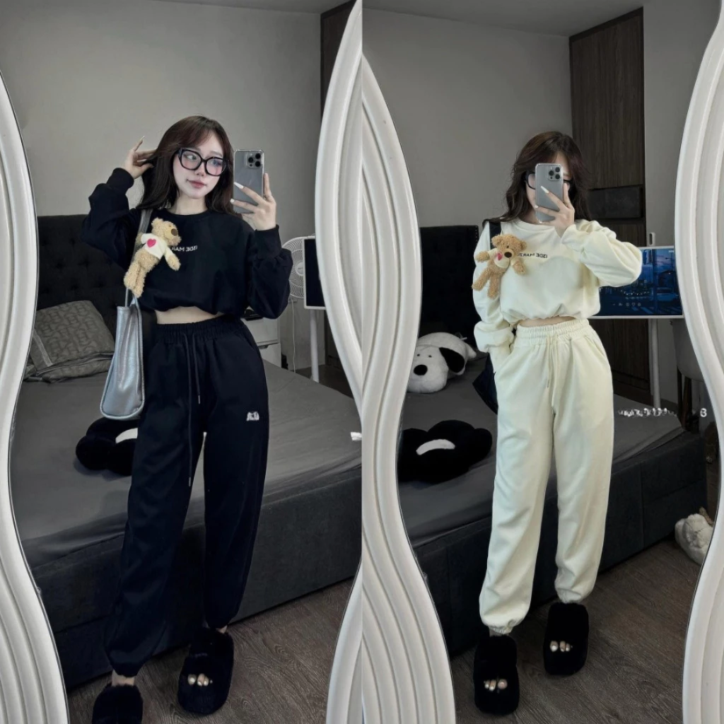 Set Bộ Đồ Nữ Nỉ Len Áo Croptop Dài Tay- HÀNG LOẠI 2- 2 Mặt Dây Rút Gấu Mix Quần Dài Boom Gấu Hamen