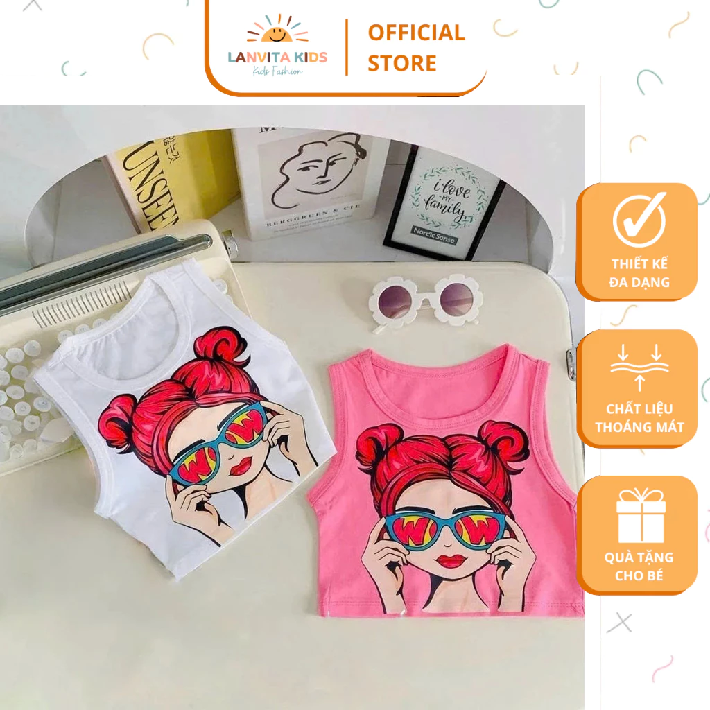 Set 2 Áo Ba Lỗ Bé Gái Chất Cotton Mềm In Hình Cô Bé Tóc Đỏ Nổi Bật, Áo Tank Top Mùa Hè Năng Động Cho Bé Từ 15–38kg