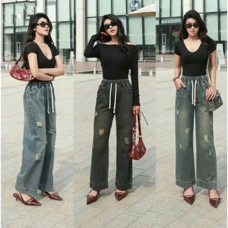Quần Jean Nữ Ống Suông Họa Tiết Rách, Cạp Chun Lưng Cao Chất Jean Thổ Dày Dặn Mềm Mịn