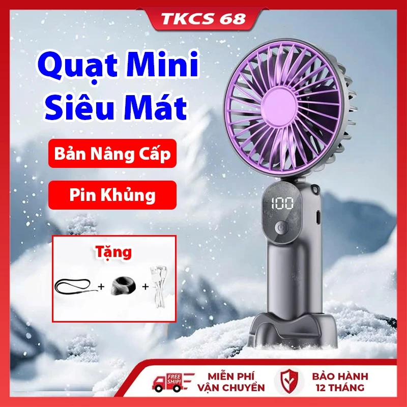 Quạt cầm tay QX18 mini pin khủng 6 cấp độ gió mạnh màn hình hiển thị pin có thể sạc lại tặng kèm dây đeo và cáp sạc