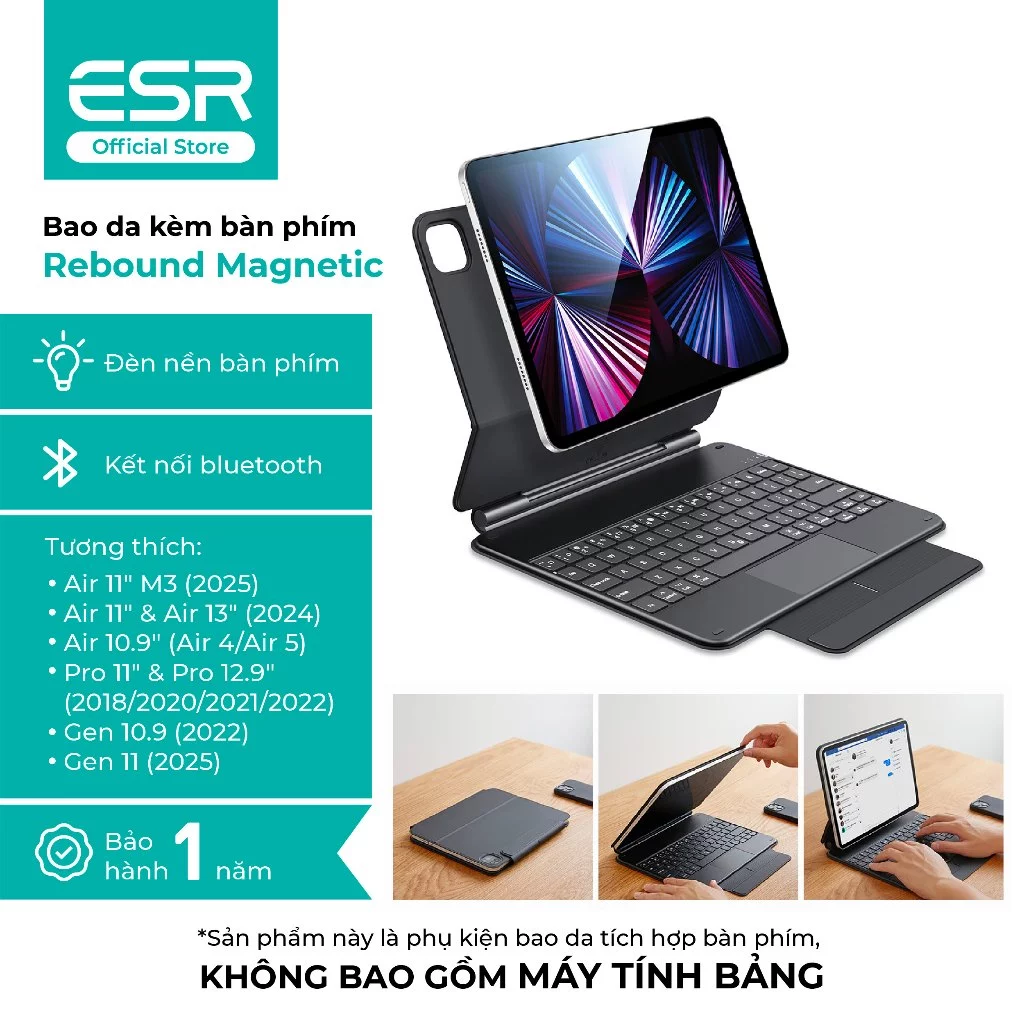 Bao da bàn phím ESR Rebound Magnetic cho iPad Air 6/7, Pro 11”, Gen 11 A16