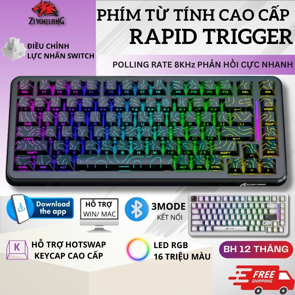Bàn Phím Không Dây Attack Shark X82 Pro HE - Polling Rate 8KHz, Keycap Xuyên LED, 3 MODE Kết Nối