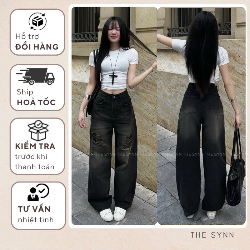 Quần Jean Nữ y2k ống suông lưng cao phong cách đường phố chất vải mềm tông màu đơn sắc dễ phối The Synn - QJ11