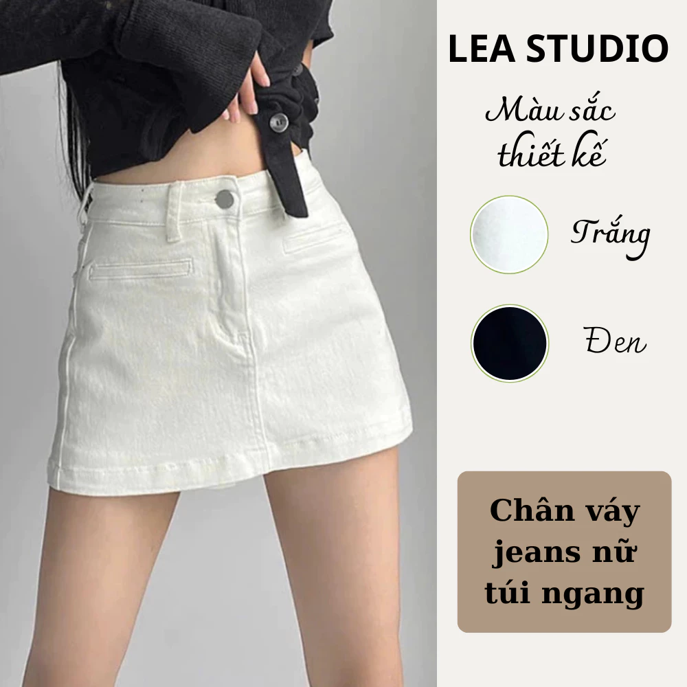Chân váy Jeans Kaki Ngắn nữ hai màu Trắng Đen dáng chữ A Lưng cao- Chất bò có quần bảo hộ chất Jean co giãn Lea Studio