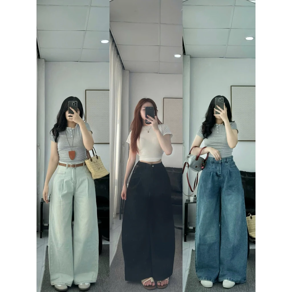 Quần Bò Jeans Nữ Ống Rộng, Quần Bò Denim Suông Ống Rộng 3 Màu Xanh Bạc Chiết Li Phối Mác Da Cạp Cao Hách Dáng Cực Đỉnh
