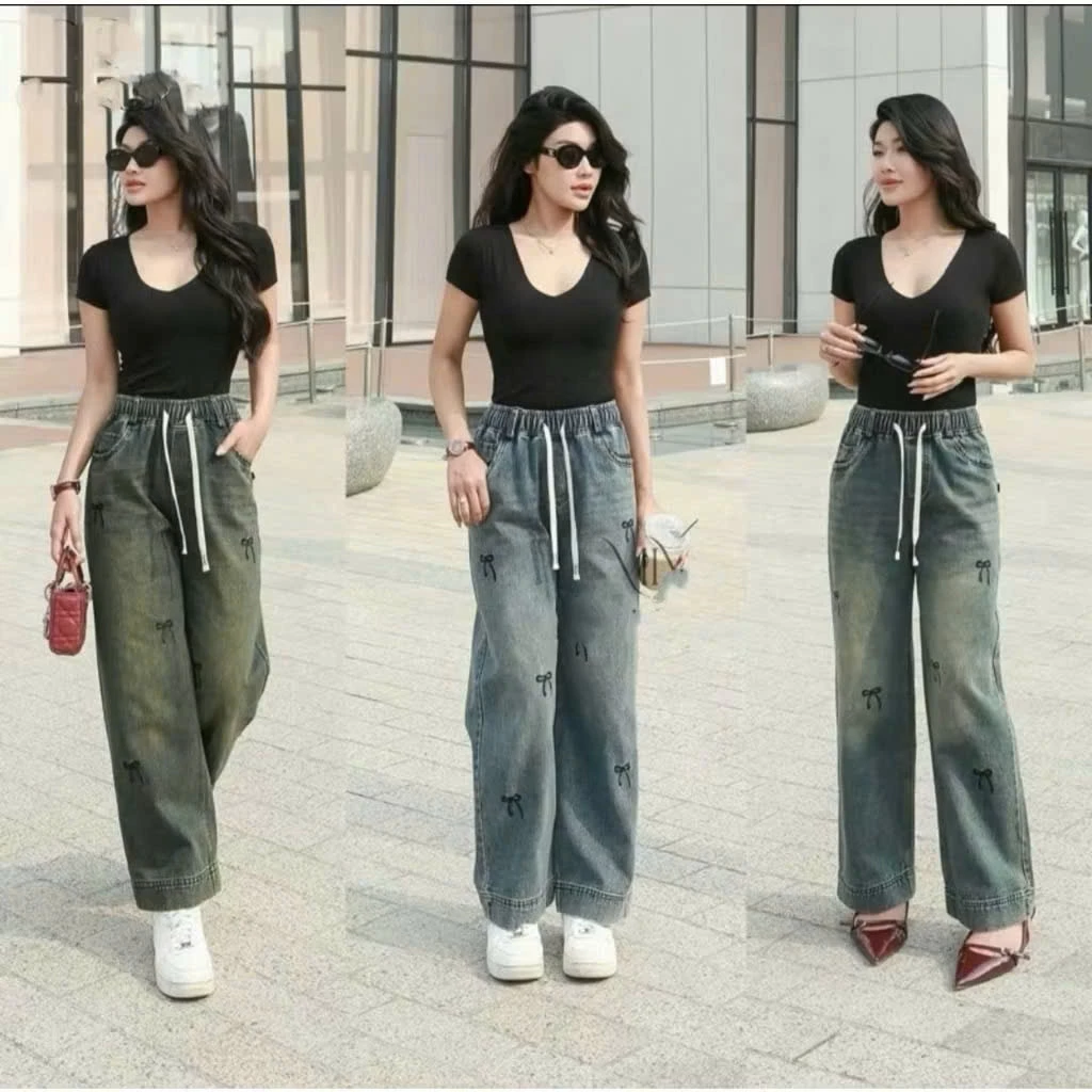 Quần jean nữ ống rộng họa tiết thêu nơ, quần bò ống xuông vải jean mềm 3 màu