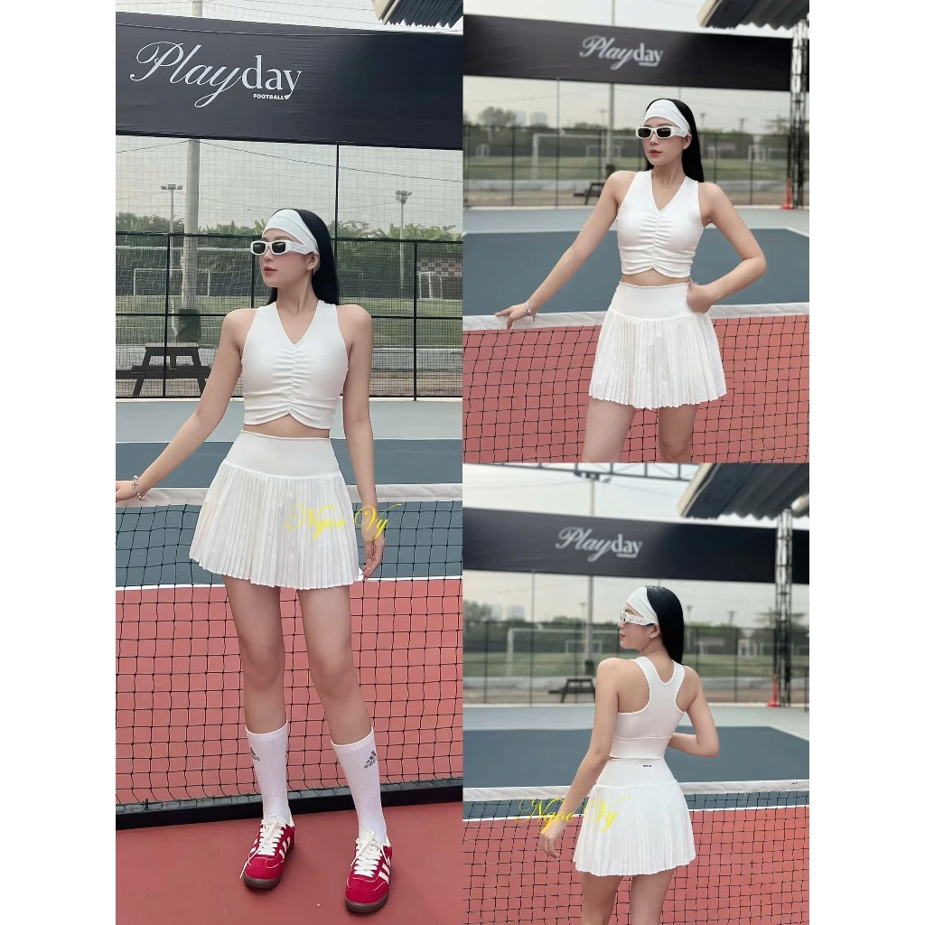 Bộ Váy Xếp Ly áo chun ngực Thể Thao Nữ Tập Pickleball, Tennis, Chạy Bộ, Tập Gym Thể Thao Kèm Mút