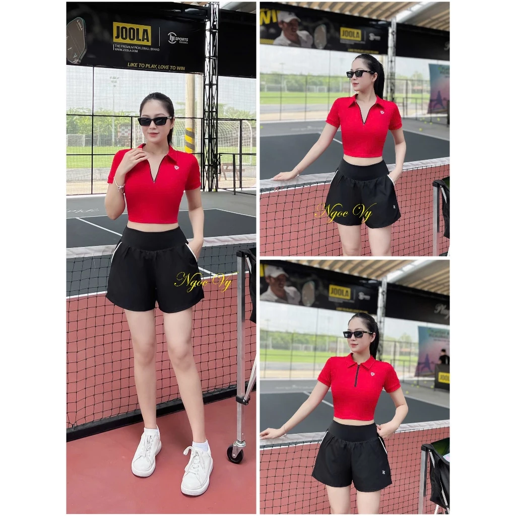 Bộ Tập Quần túi phối áo cổ khóa Gym pickleball Yoga Erobic Thể Thao Đi Biển Nữ Chất Pholy Co Giãn Thấm Hút Mồ Hôi