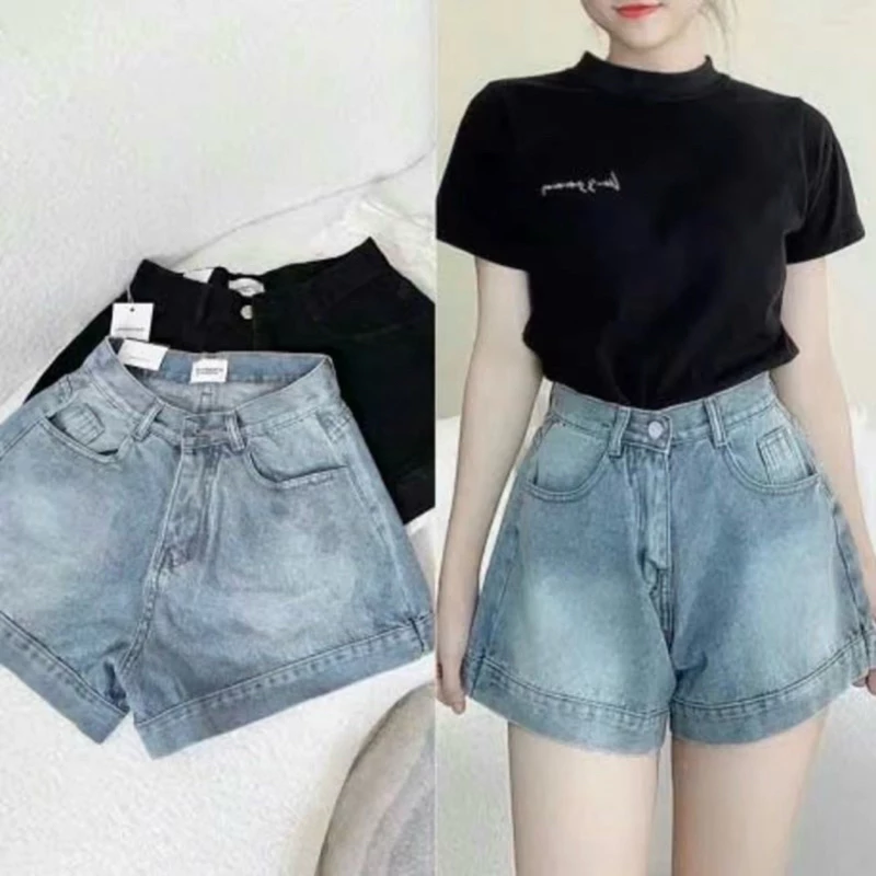 Quần sooc bò ống rộng lưng cao chất jeans không giãn dáng basic dễ mặc dễ phối đồ