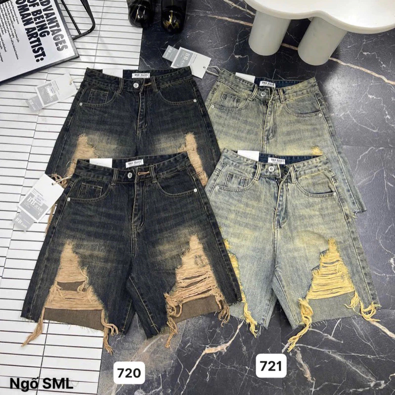 Quần sọt jean ngố rách nhiều  QC . Jean ko giãn . Ống 27cm . Đủ Size S/M/L (J7 - quần jean ngố ) 7233