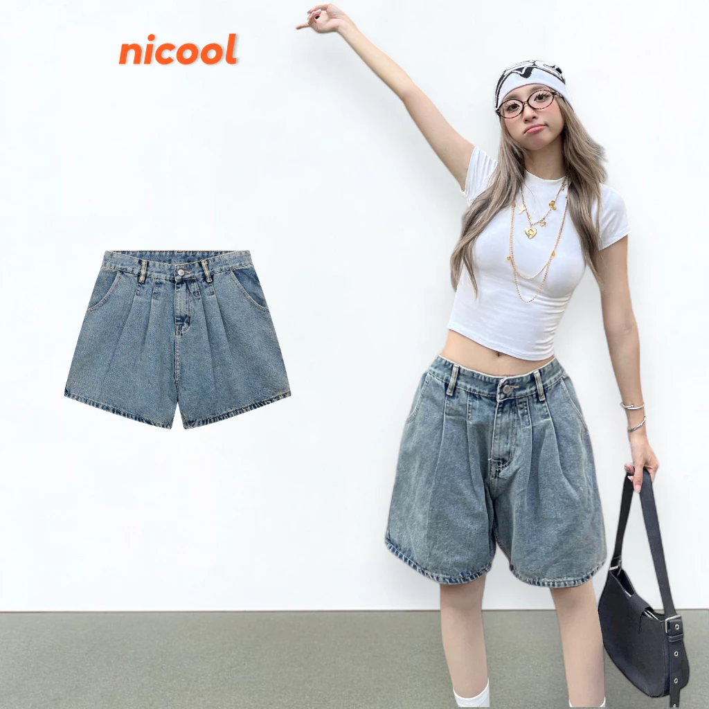Quần Short Jean Nữ Form Rộng NICOOL Xếp Ly Quần Đùi Bò Wash Ống Suông Phồng Lưng Thấp Cá Tính N41-D6