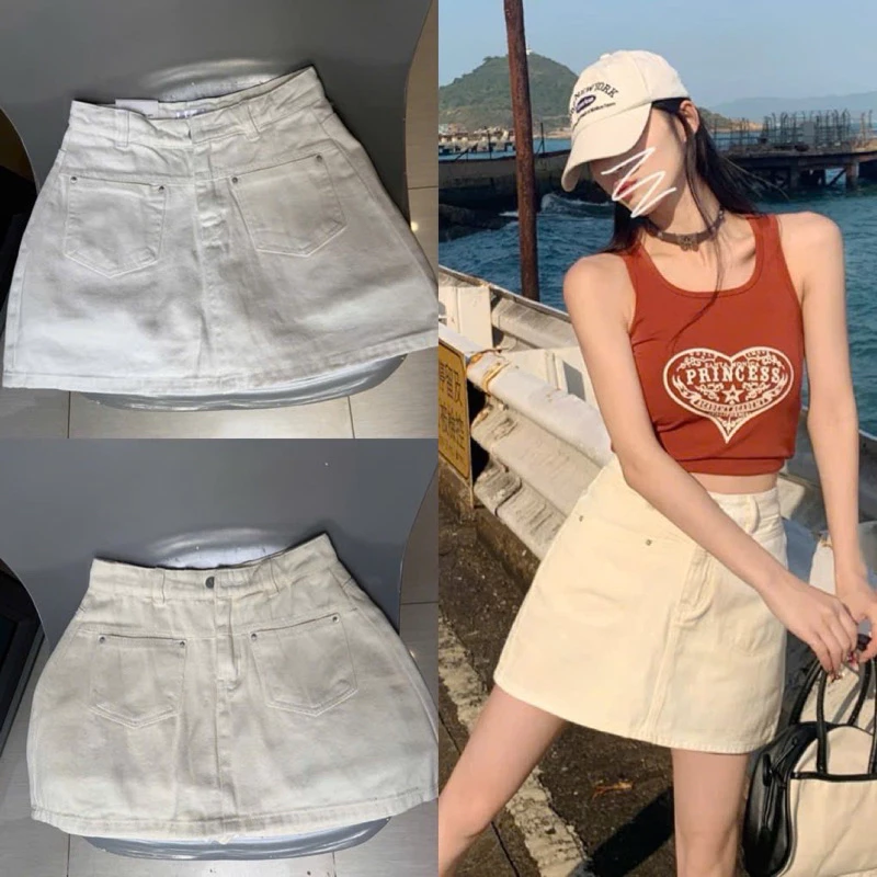 Chân váy jeans túi vuông vải bò dày cạp cao có quần lót trong