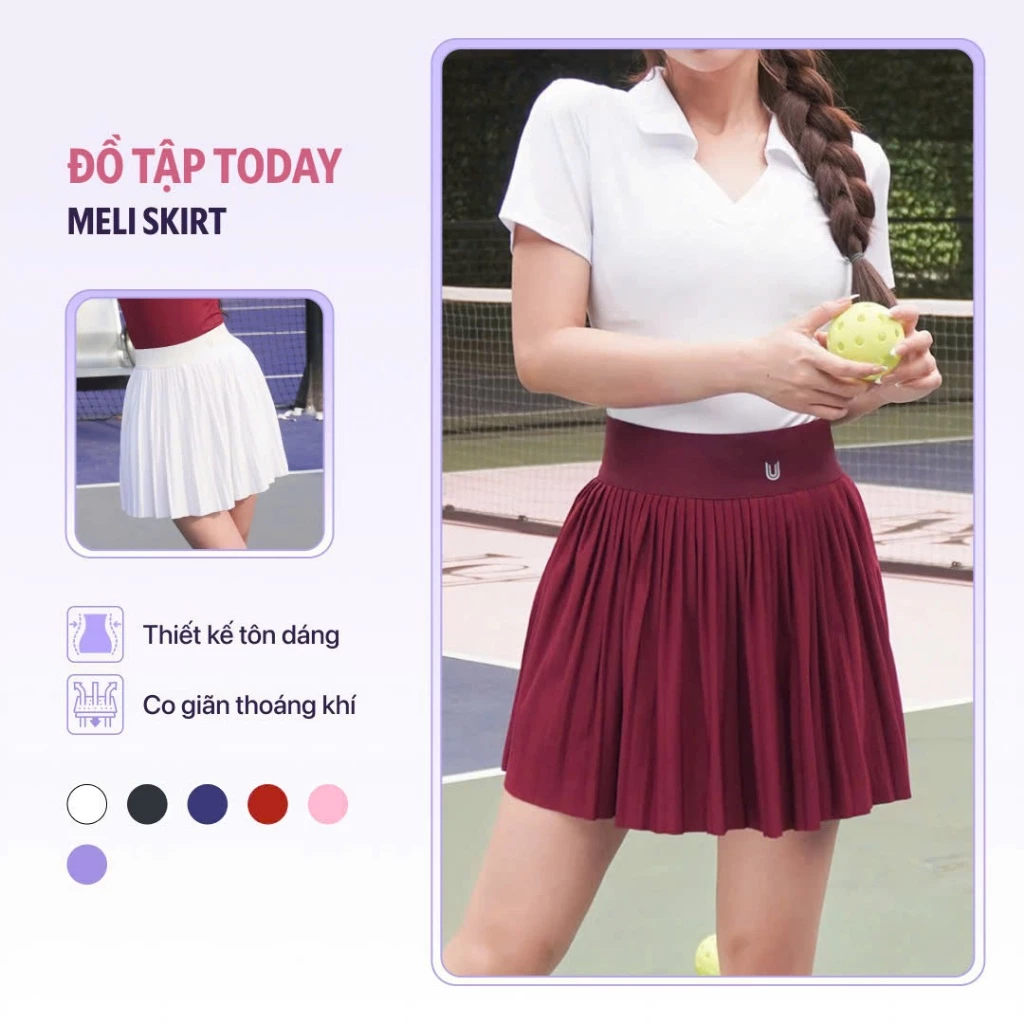 Chân váy xếp ly thể thao nữ Meli có sẵn quần bảo hộ tập thể thao tennis pickleball Today U Wear
